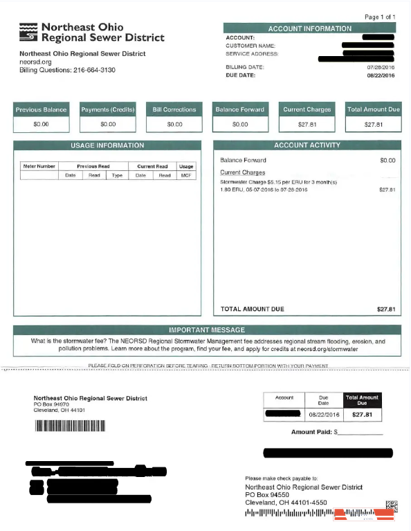USA NRTHEAST OHIO REGIONAL SEWER DISTRICT utility bill Word and PDF template